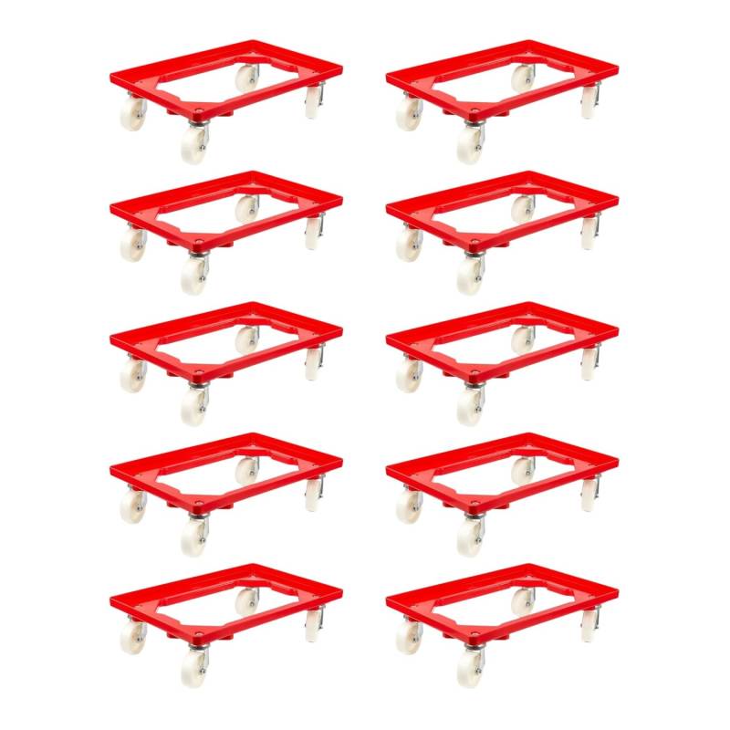 PROREGAL SparSet 10x Transportroller für Euroboxen 60 x 40 cm mit Kunststoffräder Rot Offenes Deck 2 Lenkrollen und 2 Bockrollen Traglast 300 kg von PROREGAL