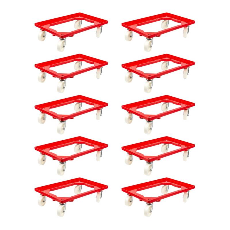 PROREGAL SparSet 10x Transportroller für Euroboxen 60 x 40 cm mit Kunststoffräder Rot Offenes Deck 2 Lenkrollen und 2 Bremsrollen Traglast 300 kg von PROREGAL