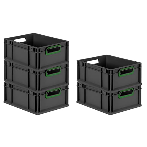PROREGAL SparSet 5x Eurobox NextGen Color | HxBxT 17x30x40cm | 16 Liter | Griffe grün offen | Schwarz | Eurobehälter, Transportbox, Transportbehälter, Stapelbehälter von PROREGAL