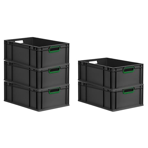 PROREGAL SparSet 5x Eurobox NextGen Color | HxBxT 22x40x60cm | 44 Liter | Griffe grün offen | Verstärkter Boden | Schwarz | Eurobehälter, Transportbox, Transportbehälter, Stapelbehälter von PROREGAL