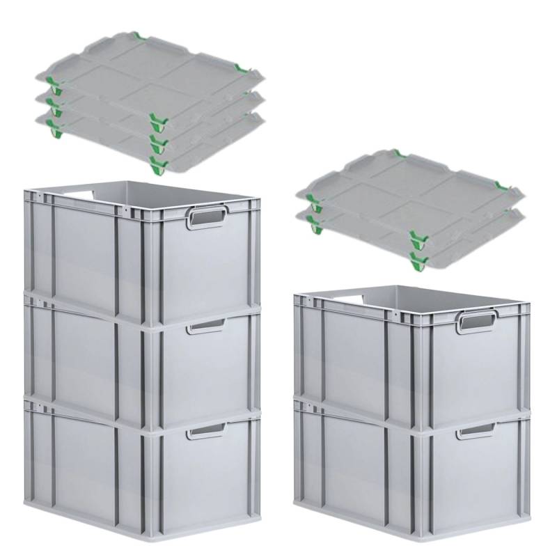 PROREGAL SparSet 5x Eurobox NextGen Grip mit Auflagedeckel mit 4 Grünen Schiebeschnappverschlüssen HxBxT 32 x 40 x 60 cm 65 Liter von PROREGAL