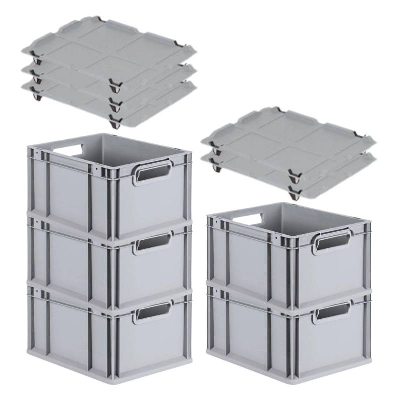 PROREGAL SparSet 5x Eurobox NextGen Grip mit Auflagedeckel mit 4 Schwarzen Schiebeschnappverschlüssen HxBxT 22 x 30 x 40 cm 20 Liter Griffe von PROREGAL