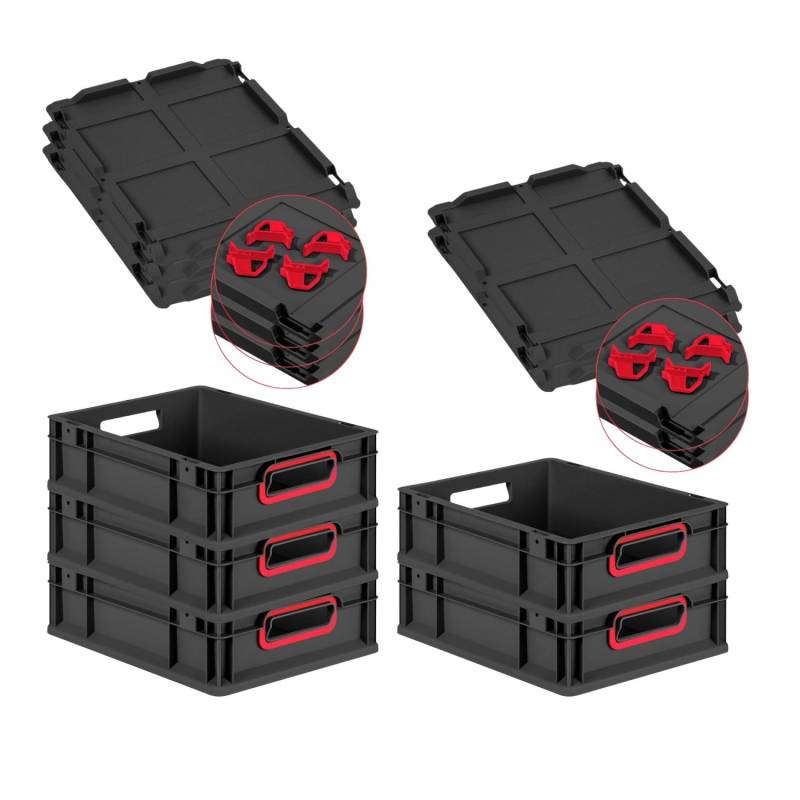 PROREGAL SparSet 5x Eurobox Nextgen Color Mit Auflagedeckel HxBxT 12x30x40cm 11 Liter Schwarz Griffe Rot Offen Eurobehälter Transportbox von PROREGAL