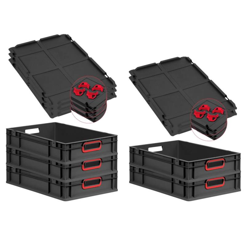 PROREGAL SparSet 5x Eurobox Nextgen Color Mit Auflagedeckel HxBxT 12x40x60cm 23 Liter Schwarz Griffe Rot Offen Eurobehälter Transportbox von PROREGAL