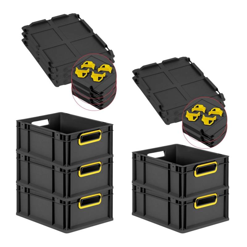 PROREGAL SparSet 5x Eurobox Nextgen Color Mit Auflagedeckel HxBxT 17x30x40cm 16 Liter Schwarz Griffe Gelb Offen Eurobehälter Transportbox von PROREGAL