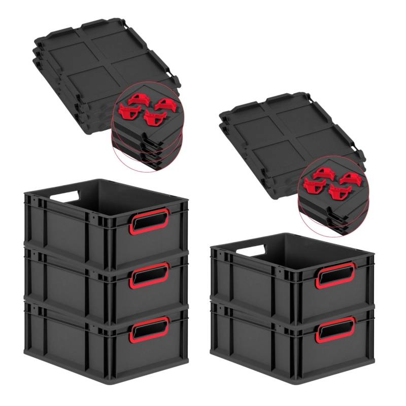 PROREGAL SparSet 5x Eurobox Nextgen Color Mit Auflagedeckel HxBxT 17x30x40cm 16 Liter Schwarz Griffe Rot Offen Eurobehälter Transportbox von PROREGAL