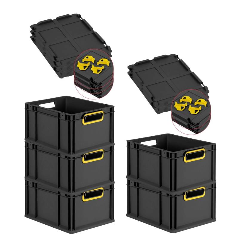 PROREGAL SparSet 5x Eurobox Nextgen Color Mit Auflagedeckel HxBxT 22x30x40cm 20 Liter Schwarz Griffe Gelb Offen Eurobehälter Transportbox von PROREGAL