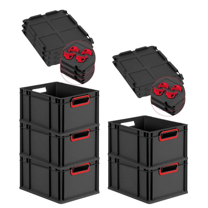 PROREGAL SparSet 5x Eurobox Nextgen Color Mit Auflagedeckel HxBxT 22x30x40cm 20 Liter Schwarz Griffe Rot Offen Eurobehälter Transportbox von PROREGAL