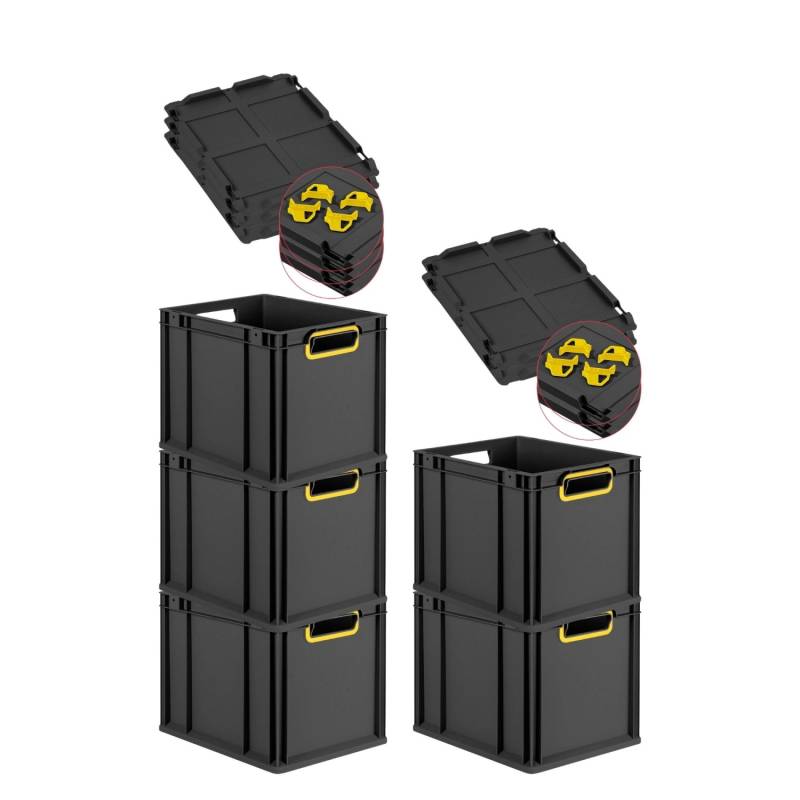 PROREGAL SparSet 5x Eurobox Nextgen Color Mit Auflagedeckel HxBxT 32x30x40cm 30 Liter Schwarz Griffe Gelb Offen Eurobehälter Transportbox von PROREGAL