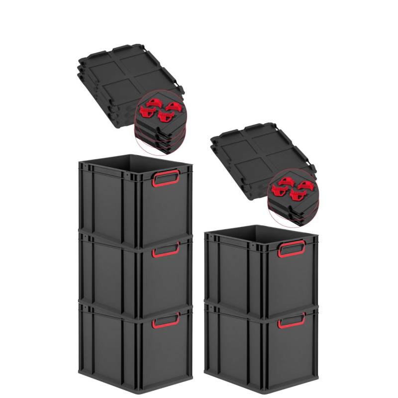 PROREGAL SparSet 5x Eurobox Nextgen Color Mit Auflagedeckel HxBxT 32x30x40cm 30 Liter Schwarz Griffe Rot Geschlossen Eurobehälter Transportbox von PROREGAL