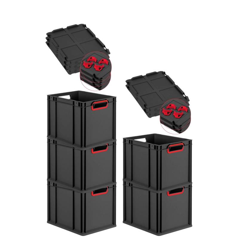 PROREGAL SparSet 5x Eurobox Nextgen Color Mit Auflagedeckel HxBxT 32x30x40cm 30 Liter Schwarz Griffe Rot Offen Eurobehälter Transportbox von PROREGAL