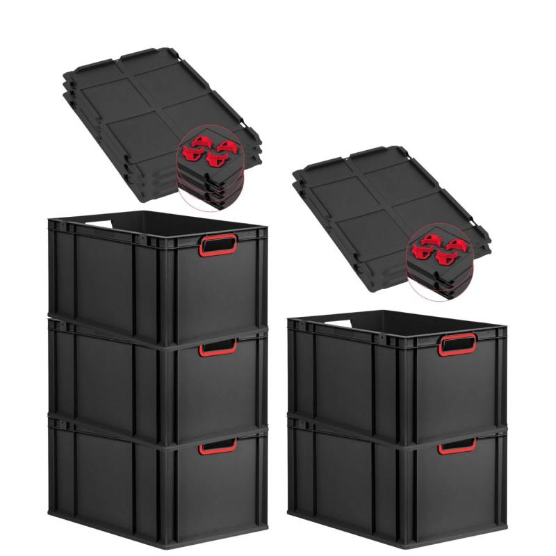 PROREGAL SparSet 5x Eurobox Nextgen Color Mit Auflagedeckel HxBxT 32x40x60cm 65 Liter Schwarz Griffe Rot Offen Eurobehälter Transportbox von PROREGAL