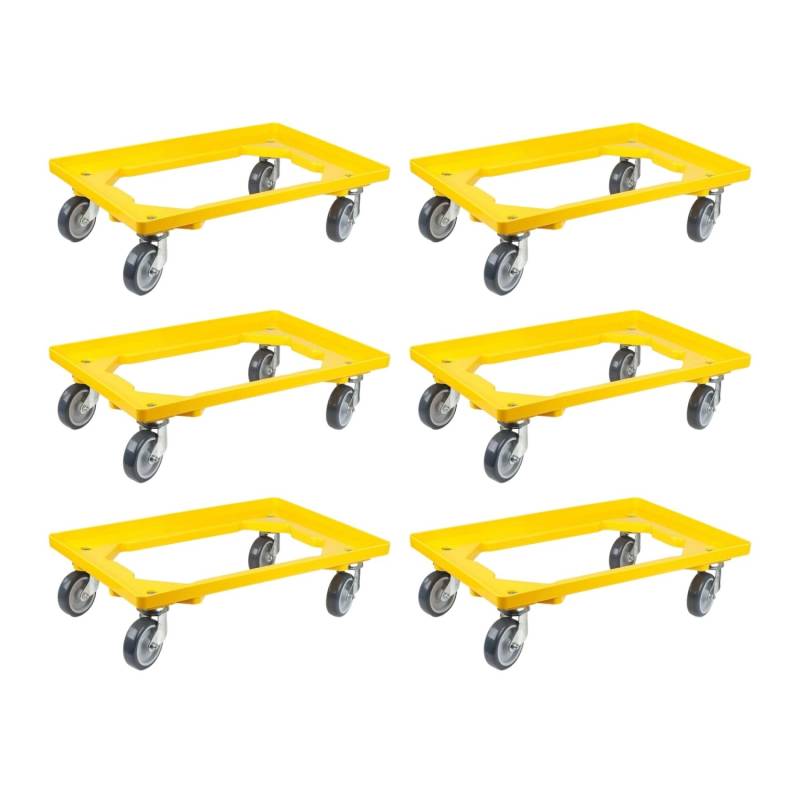 PROREGAL SparSet 6x Transportroller für Euroboxen 60 x 40 cm mit Gummiräder Gelb Offenes Deck 2 Lenkrollen und 2 Bremsrollen Traglast 300 kg von PROREGAL