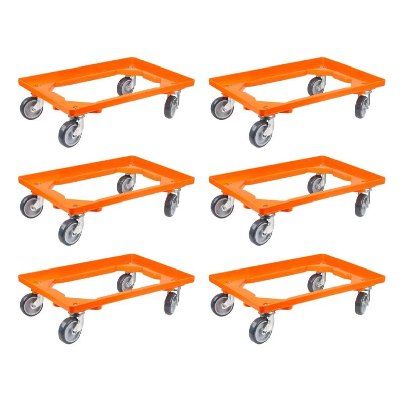 PROREGAL SparSet 6x Transportroller für Euroboxen 60 x 40 cm mit Gummiräder Orange Offenes Deck 2 Lenkrollen und 2 Bremsrollen Traglast 300 kg von PROREGAL