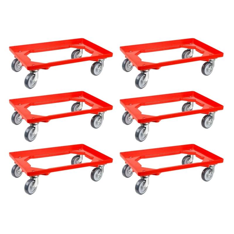PROREGAL SparSet 6x Transportroller für Euroboxen 60 x 40 cm mit Gummiräder Rot Offenes Deck 2 Lenkrollen und 2 Bremsrollen Traglast 300 kg von PROREGAL