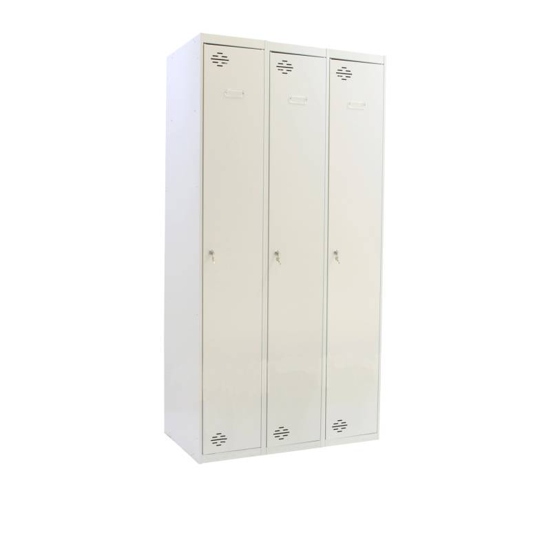 PROREGAL Spind Amego 3 Abteile HxBxT 180 x 120 x 50 cm Abteilbreite 40 cm Durchgehend Feuerfeste Beschichtung Lichtgrau Metallspind Kleiderspind von PROREGAL