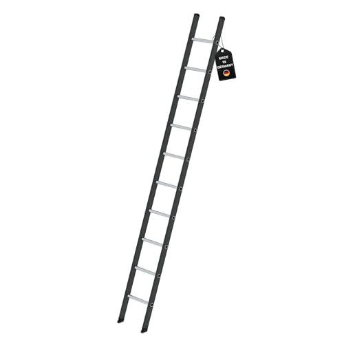PROREGAL Sprossen-Anlegeleiter 350mm ohne Traverse Made in Germany | 10 Sprossen | Arbeitshöhe 4,1m | Traglast 150kg | Anthrazit | Leiter, Trittleiter, Bockleiter, Sprossen-Doppelleiter von PROREGAL
