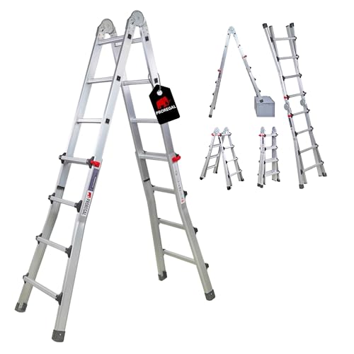 PROREGAL Sprossen-Mehrzweckleiter APOLLO 3-in-1 Aluminiumleiter 4x4 Sprossen bis zu 4m Höhe Traglast 150kg Silber, Treppenleiter Multifunktionsleiter Klappleiter Teleskopleiter Stehleiter Anlegeleiter von PROREGAL