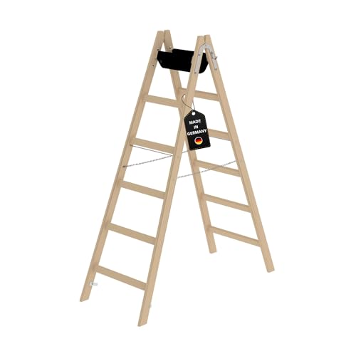PROREGAL Sprossen-Stehleiter Holz mit Werkzeugablage | 2x6 Sprossen | Leiter, Teleskopleiter, Trittleiter, Bockleiter, Sprossen-Doppelleiter von PROREGAL