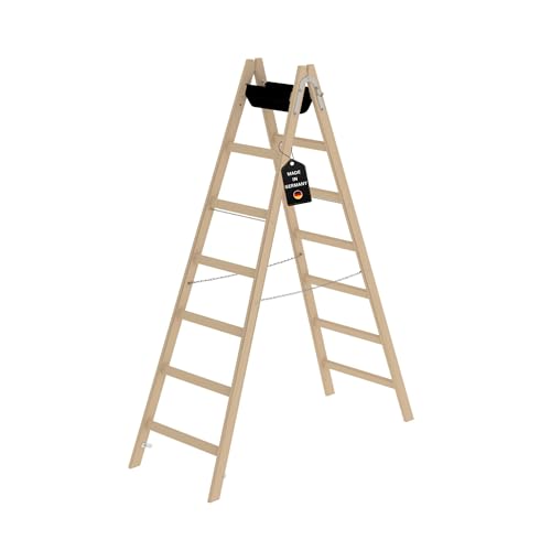 PROREGAL Sprossen-Stehleiter Holz mit Werkzeugablage | 2x7 Sprossen | Leiter, Teleskopleiter, Trittleiter, Bockleiter, Sprossen-Doppelleiter von PROREGAL