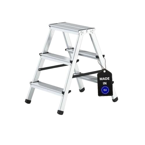 PROREGAL Stufenstehleiter Atlas | beidseitig begehbar | 2x3 Stufen | Arbeitshöhe 2,20m | Traglast 125kg | Alu Leiter Vielzweckleiter Klappleiter Haushaltsleiter Arbeitsleiter Steigleiter von PROREGAL
