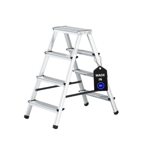 PROREGAL Stufenstehleiter Atlas | beidseitig begehbar | 2x4 Stufen | Arbeitshöhe 2,41m | Traglast 125kg | Alu Leiter Vielzweckleiter Klappleiter Haushaltsleiter Arbeitsleiter Steigleiter von PROREGAL