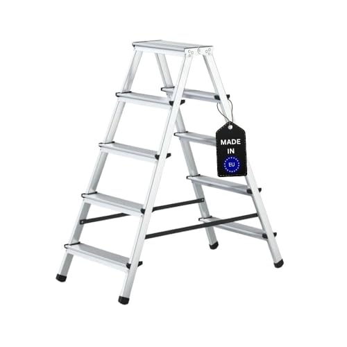 PROREGAL Stufenstehleiter Atlas | beidseitig begehbar | 2x5 Stufen | Arbeitshöhe 2,62m | Traglast 125kg | Alu Leiter Vielzweckleiter Klappleiter Haushaltsleiter Arbeitsleiter Steigleiter von PROREGAL