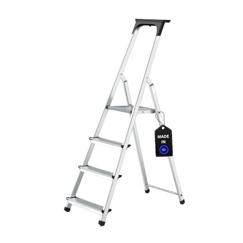PROREGAL Stufenstehleiter Atlas mit Werkzeugablage | einseitig begehbar | 4 Stufen | Arbeitshöhe 2,75m | Traglast 125kg | Alu Leiter Vielzweckleiter Klappleiter Haushaltsleiter Arbeitsleiter PROREGAL Stufenstehleiter Atlas mit Werkzeugablage | einseitig begehbar | 4 Stufen | Arbeitshöhe 2,75m | Traglast 125kg | Alu Leiter Vielzweckleiter Klappleiter Haushaltsleiter Arbeitsleiter von PROREGAL
