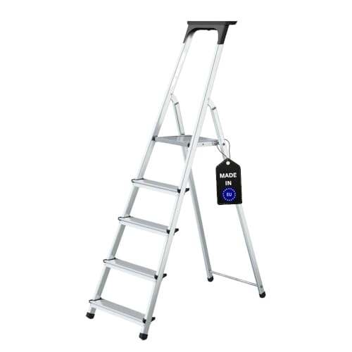 PROREGAL Stufenstehleiter Atlas mit Werkzeugablage | einseitig begehbar | 5 Stufen | Arbeitshöhe 2,97m | Traglast 125kg | Alu Leiter Vielzweckleiter Klappleiter Haushaltsleiter Arbeitsleiter von PROREGAL