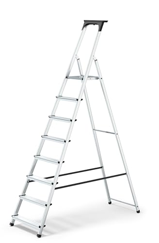 PROREGAL Stufenstehleiter Atlas mit Werkzeugablage | einseitig begehbar | 8 Stufen | Arbeitshöhe 3,62m | Traglast 125kg | Alu Leiter Vielzweckleiter Klappleiter Haushaltsleiter Arbeitsleiter von PROREGAL