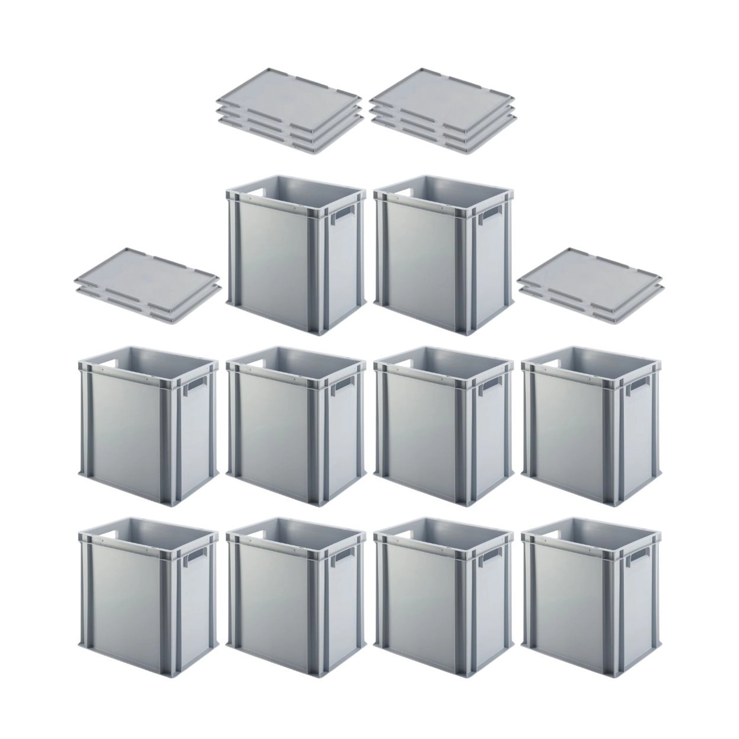 PROREGAL SuperSparSet 10x Eurobehälter mit Offenem Griff und Auflagedeckel HxBxT 40 x 30 x 40 cm 37 Liter Grau Eurobox Transportbox von PROREGAL