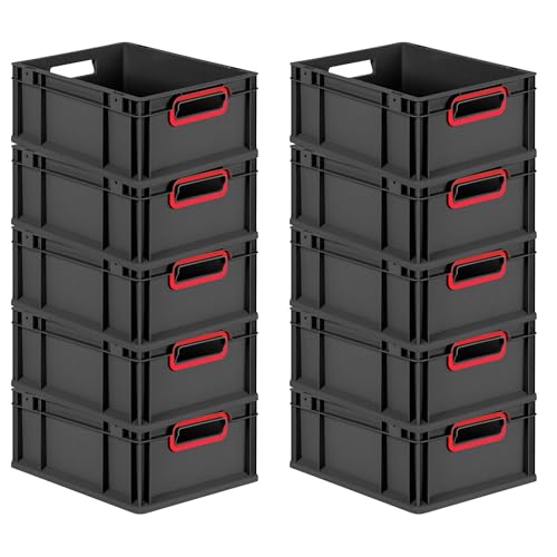 PROREGAL SuperSparSet 10x Eurobox NextGen Color | HxBxT 17x30x40cm | 16 Liter | Griffe rot offen | Schwarz | Eurobehälter, Transportbox, Transportbehälter, Stapelbehälter von PROREGAL