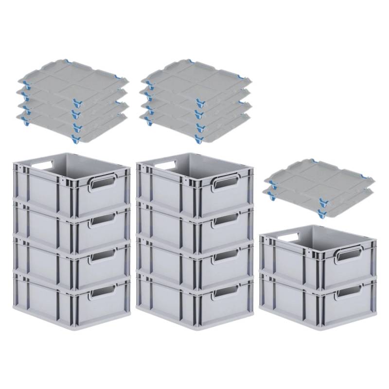 PROREGAL SuperSparSet 10x Eurobox NextGen Grip mit Auflagedeckel mit 4 Blauen Schiebeschnappverschlüssen HxBxT 17 x 30 x 40 cm 16 Liter Griffe von PROREGAL