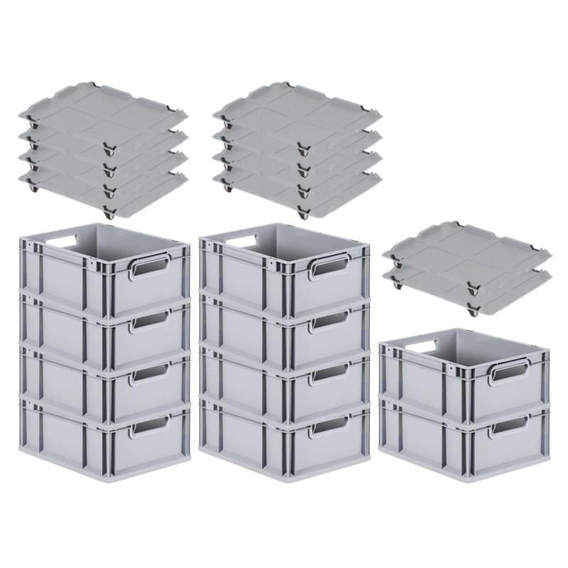 PROREGAL SuperSparSet 10x Eurobox NextGen Grip mit Auflagedeckel mit 4 Schwarzen Schiebeschnappverschlüssen HxBxT 17 x 30 x 40 cm 16 Liter Griffe von PROREGAL