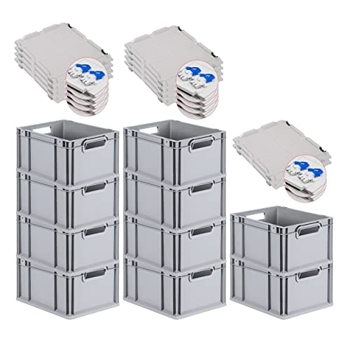 PROREGAL SuperSparSet 10x Eurobox NextGen Grip mit Deckel & blauen Verschlüssen | HxBxT 22x30x40cm | 20 Liter | Griffe offen | Glatter Boden | Eurobehälter Transportbox Transportbehälter von PROREGAL