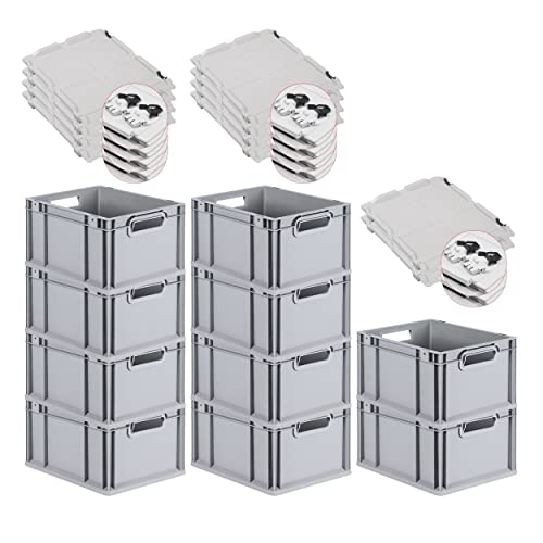 PROREGAL SuperSparSet 10x Eurobox NextGen Grip mit Scharnierdeckel und schwarzen Schiebeschnappverschlüssen, HxBxT 22x30x40cm, 20 L, Grau, Griffe offen, Eurobehälter, Transportbox von PROREGAL