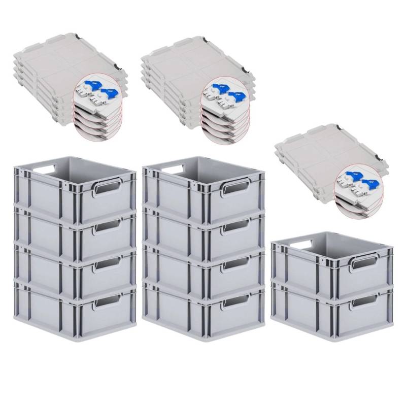 PROREGAL SuperSparSet 10x Eurobox NextGen Grip mit Scharnierdeckel und Blauen Schiebeschnappverschlüssen HxBxT 17 x 30 x 40 cm 16 Liter Griffe von PROREGAL