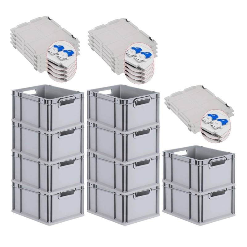 PROREGAL SuperSparSet 10x Eurobox NextGen Grip mit Scharnierdeckel und Blauen Schiebeschnappverschlüssen HxBxT 22 x 30 x 40 cm 20 Liter Griffe von PROREGAL