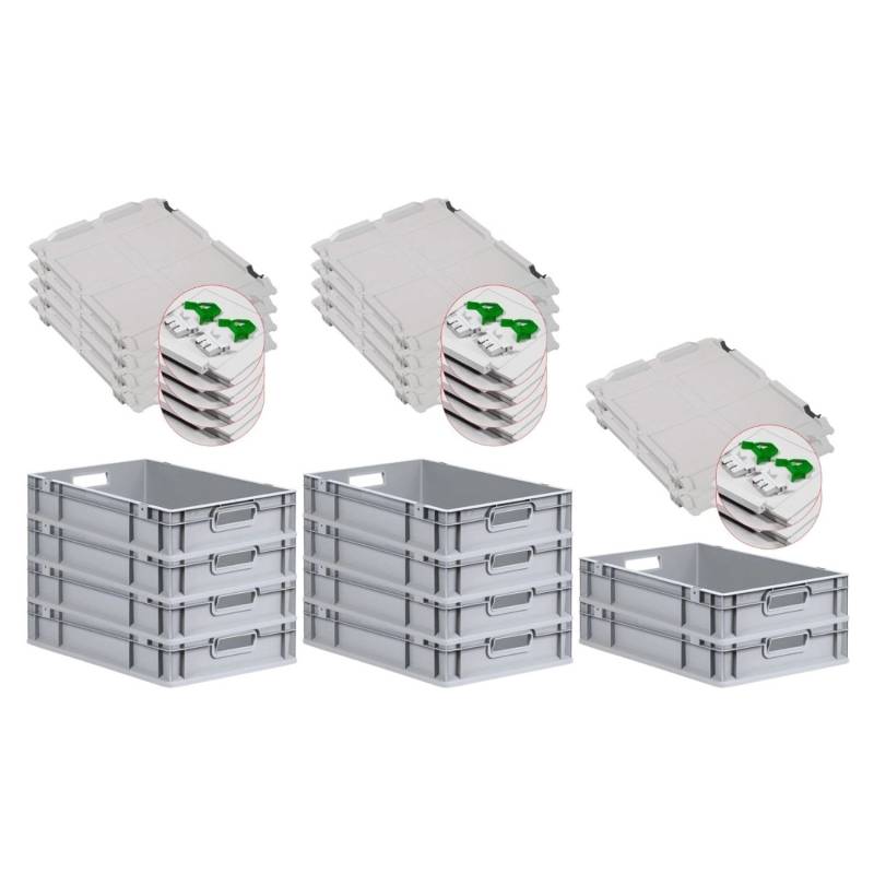 PROREGAL SuperSparSet 10x Eurobox NextGen Grip mit Scharnierdeckel und Grünen Schiebeschnappverschlüssen HxBxT 12 x 40 x 60 cm 23 Liter Griffe von PROREGAL