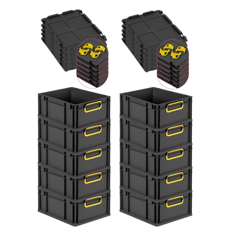 PROREGAL SuperSparSet 10x Eurobox Nextgen Color Mit Auflagedeckel HxBxT 17x30x40cm 16 Liter Schwarz Griffe Gelb Geschlossen Eurobehälter Transportbox von PROREGAL