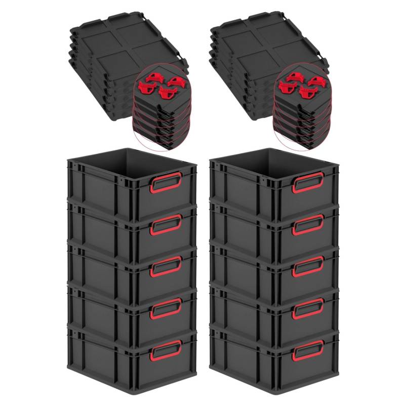 PROREGAL SuperSparSet 10x Eurobox Nextgen Color Mit Auflagedeckel HxBxT 17x30x40cm 16 Liter Schwarz Griffe Rot Geschlossen Eurobehälter Transportbox von PROREGAL