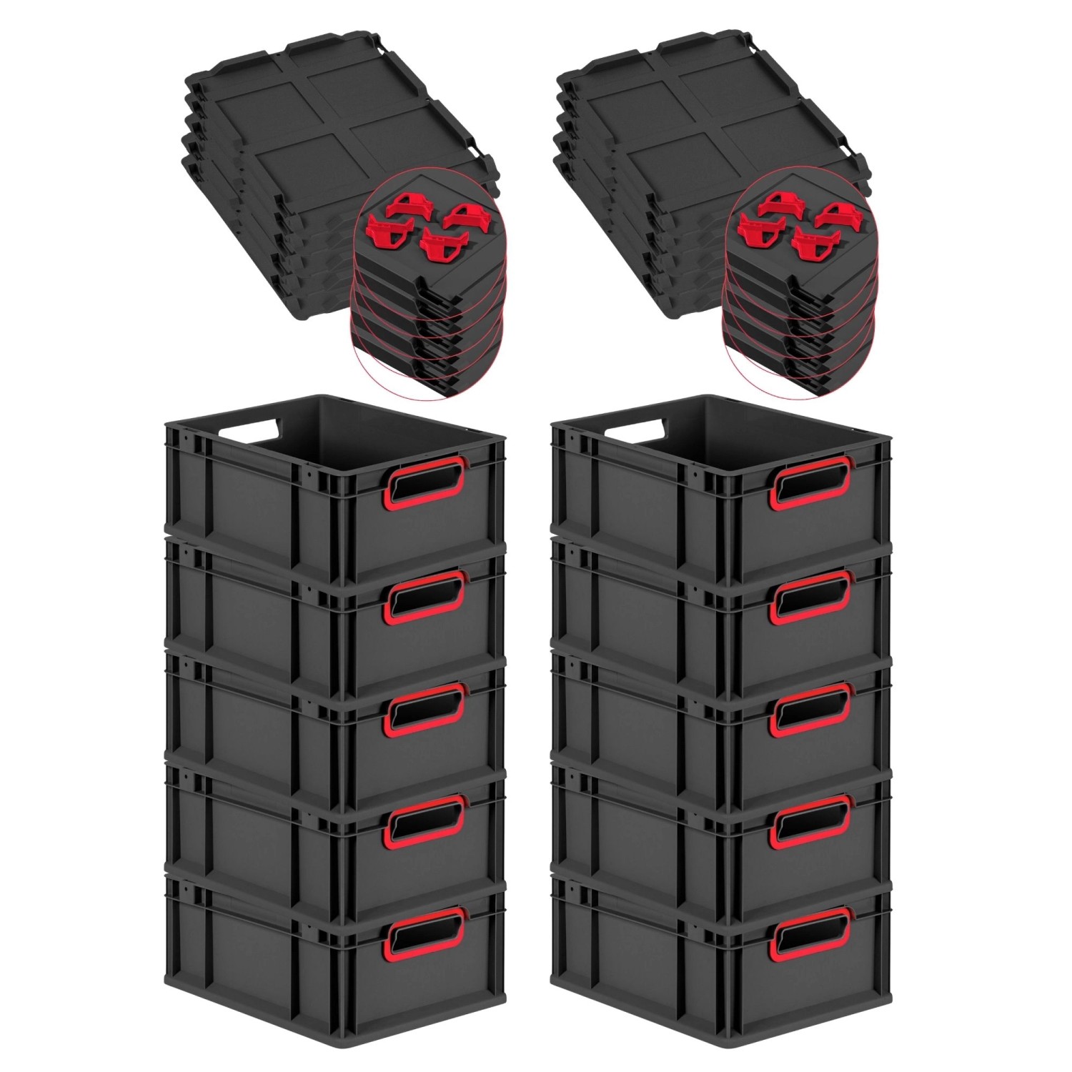 PROREGAL SuperSparSet 10x Eurobox Nextgen Color Mit Auflagedeckel HxBxT 17x30x40cm 16 Liter Schwarz Griffe Rot Offen Eurobehälter Transportbox von PROREGAL