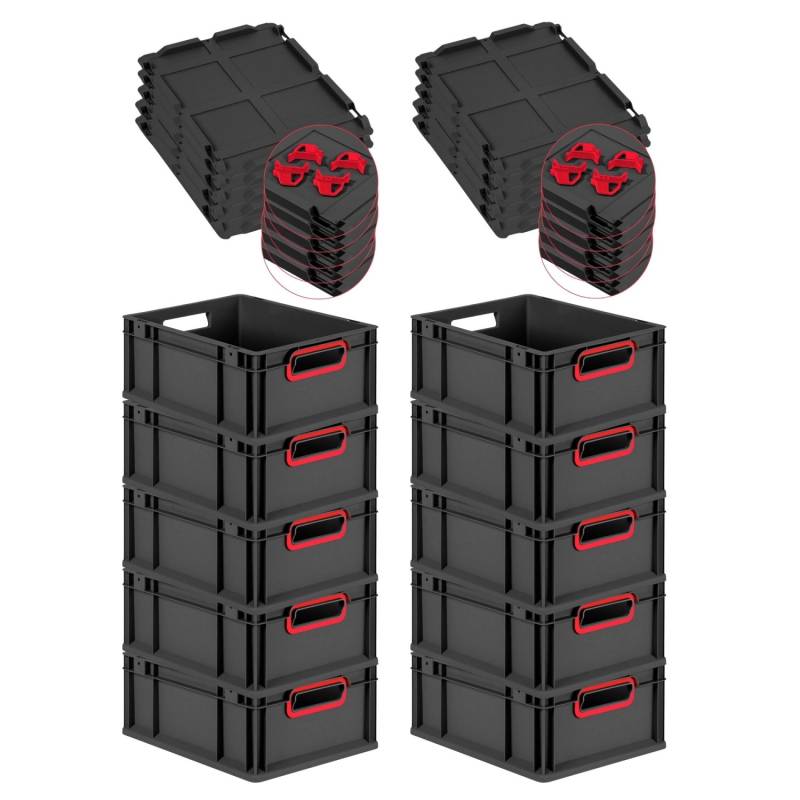 PROREGAL SuperSparSet 10x Eurobox Nextgen Color Mit Auflagedeckel HxBxT 17x30x40cm 16 Liter Schwarz Griffe Rot Offen Eurobehälter Transportbox von PROREGAL