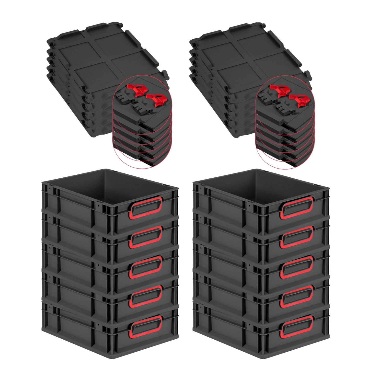 PROREGAL SuperSparSet 10x Eurobox Nextgen Color Mit Scharnierdeckel HxBxT 12x30x40cm 11 Liter Schwarz Griffe Rot Geschlossen Eurobehälter Transportbox von PROREGAL