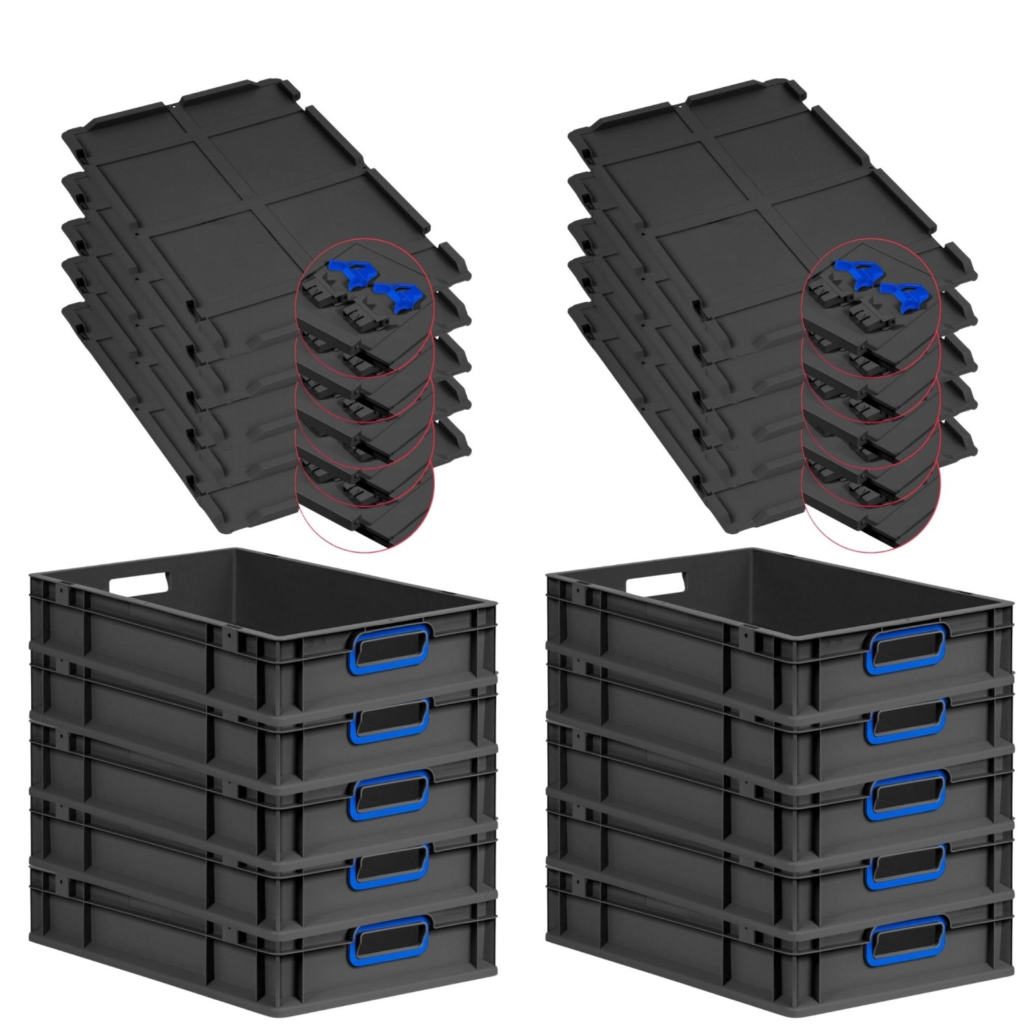 PROREGAL SuperSparSet 10x Eurobox Nextgen Color Mit Scharnierdeckel HxBxT 12x40x60cm 23 Liter Schwarz Griffe Blau Offen Eurobehälter Transportbox von PROREGAL
