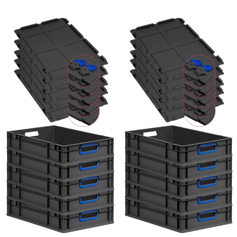 PROREGAL SuperSparSet 10x Eurobox Nextgen Color Mit Scharnierdeckel HxBxT 12x40x60cm 23 Liter Schwarz Griffe Blau Offen Eurobehälter Transportbox von PROREGAL