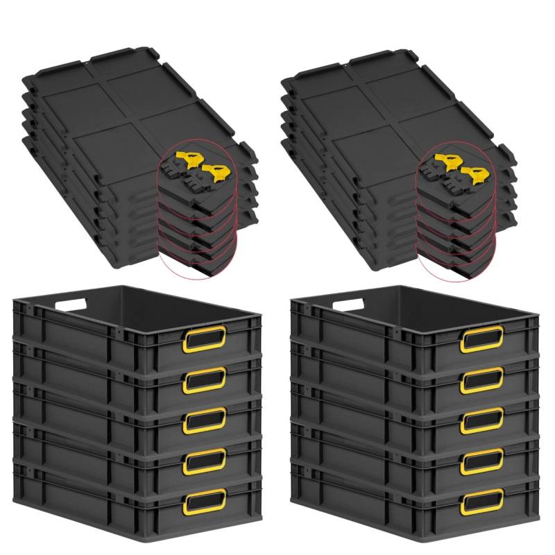 PROREGAL SuperSparSet 10x Eurobox Nextgen Color Mit Scharnierdeckel HxBxT 12x40x60cm 23 Liter Schwarz Griffe Gelb Offen Eurobehälter Transportbox von PROREGAL