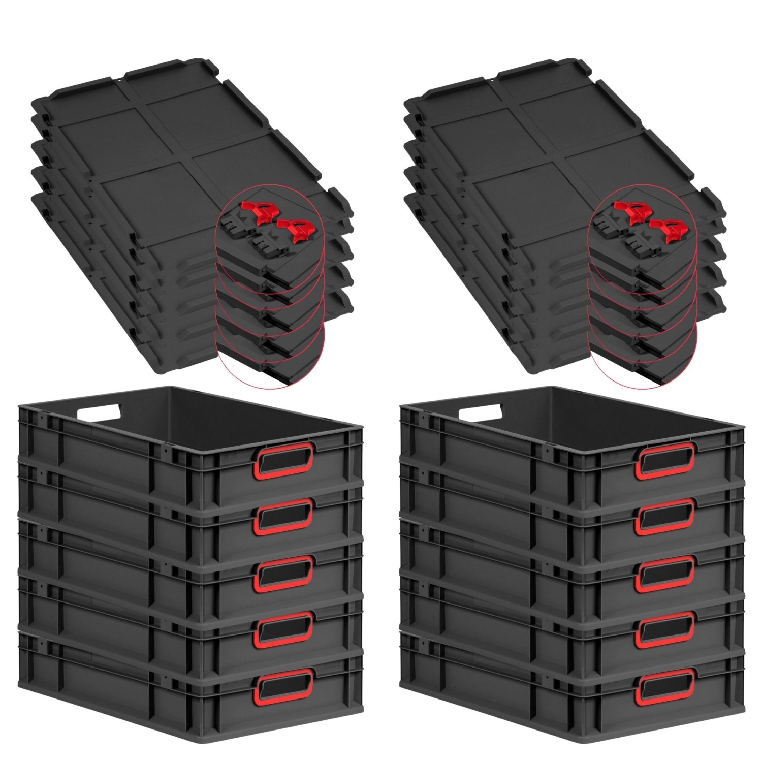 PROREGAL SuperSparSet 10x Eurobox Nextgen Color Mit Scharnierdeckel HxBxT 12x40x60cm 23 Liter Schwarz Griffe Rot Offen Eurobehälter Transportbox von PROREGAL