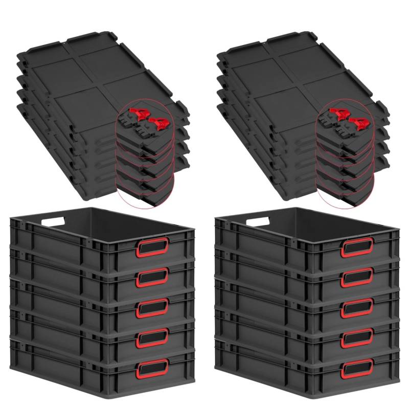 PROREGAL SuperSparSet 10x Eurobox Nextgen Color Mit Scharnierdeckel HxBxT 12x40x60cm 23 Liter Schwarz Griffe Rot Offen Eurobehälter Transportbox von PROREGAL