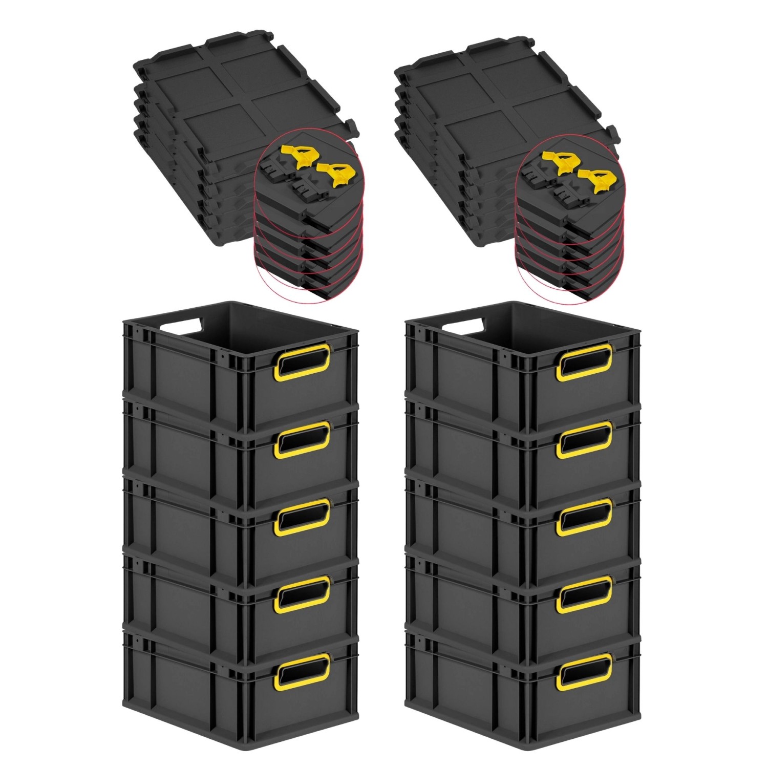 PROREGAL SuperSparSet 10x Eurobox Nextgen Color Mit Scharnierdeckel HxBxT 17x30x40cm 16 Liter Schwarz Griffe Gelb Offen Eurobehälter Transportbox von PROREGAL